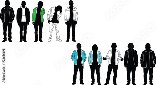 Collection of young men silhouettes in casual streetwear outfits with color accents, modern urban fashion and youth lifestyle illustration isolated on white background