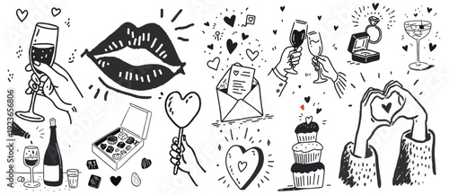 Collection of hand drawn romantic doodles including hearts and wedding elements for valentine day greeting cards and love story decoration concepts