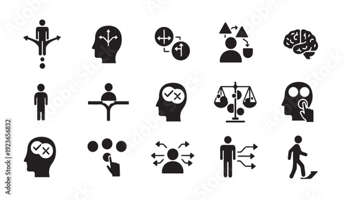 Set of black icons representing decision making and critical thinking
