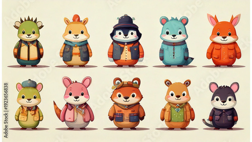 Cute cartoon animals in various professions flat vector set for kids illustration