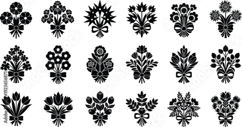 Floral bouquet silhouette collection, black decorative flower arrangements with ribbons illustration set for wedding design, logo, print, craft, and vector use