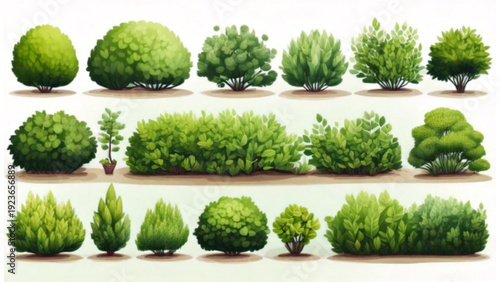 Cartoon green bushes and garden shrubs flat vector set for landscape design