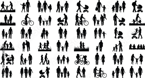 Family silhouette collection, parents and children walking playing with stroller illustration set for parenting lifestyle concept, infographic design, logo, and vector use