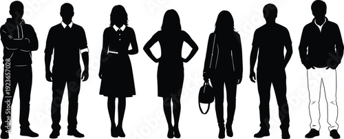 Group of men and women standing silhouettes in casual and smart outfits, modern human figures front view isolated on white background