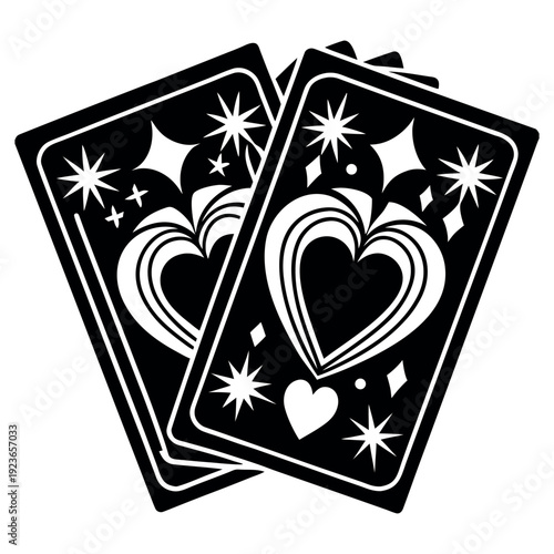 Black and White Playing Cards with Heart Suit and Sparkling Stars Design on white background