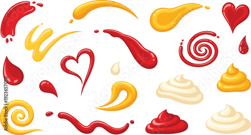 Ketchup Mustard and Mayonnaise Sauce Splash Collection with Heart Shapes Swirls and Creamy Food Topping Elements Flat Vector Set Police Stop