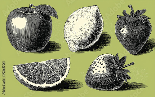 A black and white illustration of various fruits on a green background