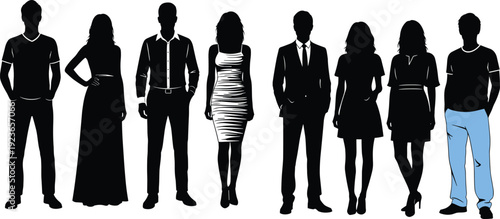 Group of men and women standing silhouettes in casual and formal fashion outfits, modern human figures with style variety isolated on white background