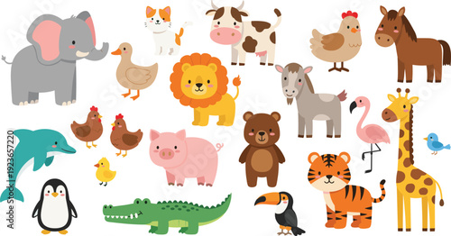 Cute animals collection farm safari and sea cartoon vector illustration isolated backgroundCute animals collection farm safari and sea cartoon vector illustration isolated background