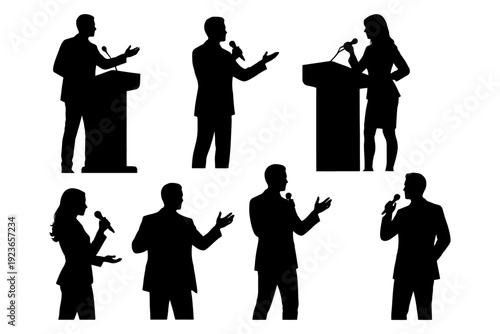 Silhouettes of male and female speakers at podiums engaged in public speaking.