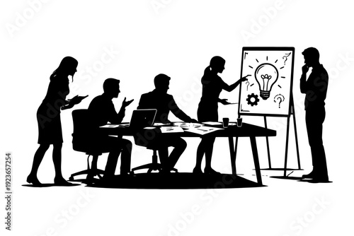 Silhouettes of business team in creative strategy meeting.