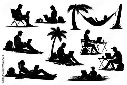 Silhouettes of people relaxing and working outdoors with laptops.