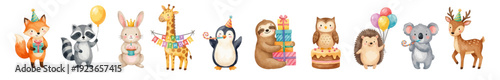 Cute watercolor party animals: fox, sloth, hedgehog, owl, deer, penguin koala. Collection of Vector illustrations. Perfect for invitation, card, poster, banner, decoration.