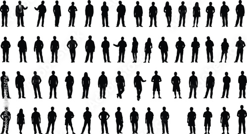 Large collection of business people silhouettes standing in different poses, men and women professional figures, corporate lifestyle illustration isolated on white background