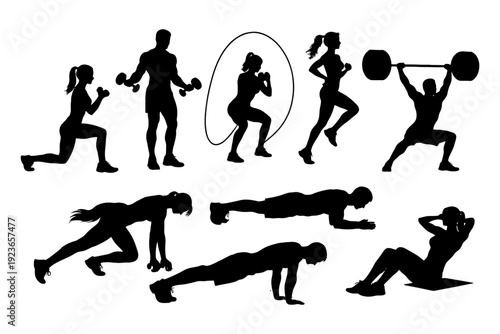 Silhouettes of diverse fitness activities and exercises.