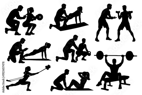 Silhouetted fitness exercises with male and female adults engaging in various workouts.