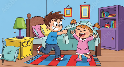 Children playing with blankets in a colorful bedroom kids having fun together