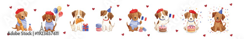 Watercolor French puppy party clipart set: beret, baguette, flags & macarons. Unique Collection of Vector Watercolor illustrations. Perfect for invitation, card, poster, banner, decoration.