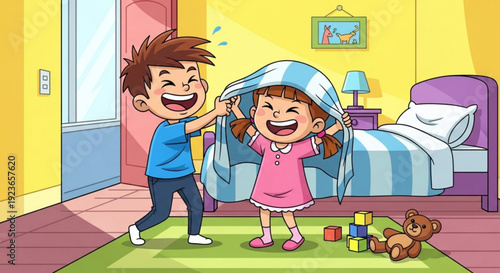 Children play together in a bedroom boy and girl having fun with a blanket