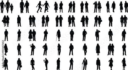Large collection of people silhouettes standing and walking, couples, families and individuals in everyday poses, social lifestyle illustration isolated on white background