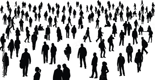 Large crowd of people silhouettes walking and standing, men and women commuters in urban public space, social movement concept illustration isolated on white background