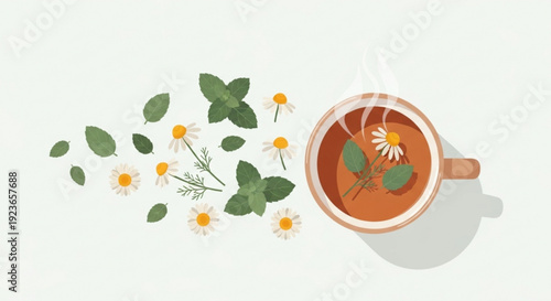 Herbal tea with chamomile flowers and leaves floating on a light green background
