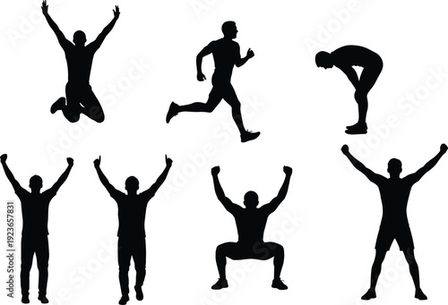 Man fitness silhouette set with jumping, running and exercise poses, athletic training, workout and active lifestyle concept isolated on white background