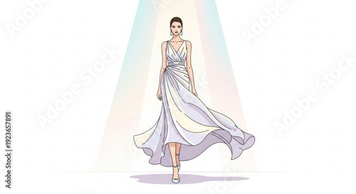 Elegant woman in flowing lavender dress walking confidently on runway with spotlight
