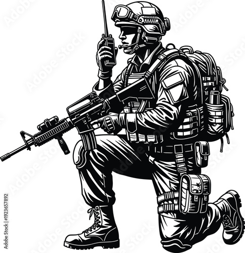 Tactical soldier kneeling with rifle and radio communication, military cad drawing flat vector illustration isolated on white background