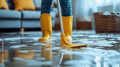 Child in yellow boots mopping flooded floor.