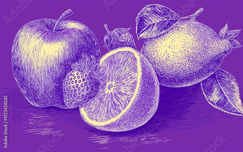 A vibrant purple illustration of various fruits, including an apple and orange
