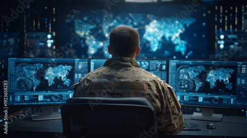 Cybersecurity expert monitoring global digital network on screens