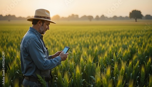 A local farmer using a smartphone to check crop health in a vast green wheat field, sunrise lighting, blend of traditional farming and modern technology, extremely detailed, cinematic shot.