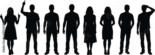 People standing silhouette group with gestures, men and women human figures, communication and diversity concept, teamwork and social interaction isolated on white background