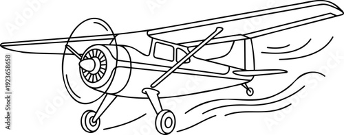 Black and white line art vector illustration of a small single-engine propeller airplane flying with wind motion lines
