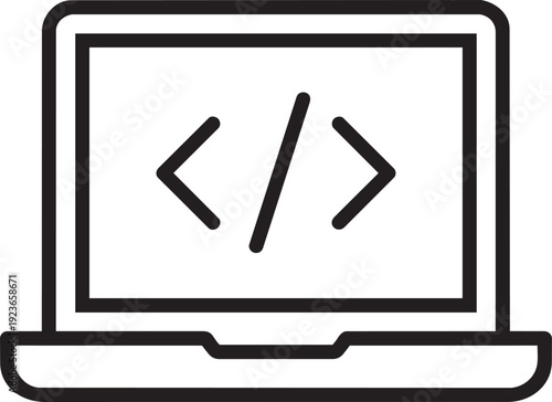 laptop screen displaying code brackets representing software engineering and web development in simple outline graphic