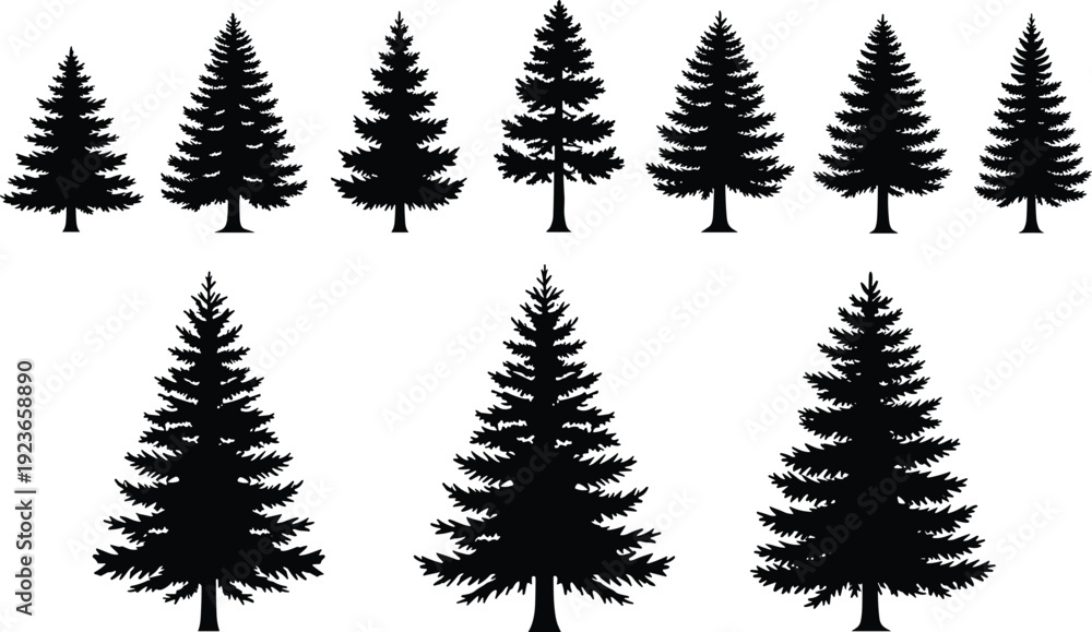 Obraz premium Pine tree silhouette collection, black evergreen conifer trees illustration set for forest landscape design, winter nature artwork, logo, print, and vector use