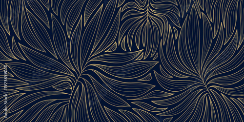 Elegant gold line floral pattern, leaves, botanical elements dark background. Luxury vector illustration, Art Deco, Nouveau, Japanese ornament, vintage aesthetic, wallpapers, wedding card.