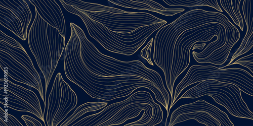 Elegant gold line floral pattern, leaves, botanical elements dark background. Luxury vector illustration, Art Deco, Nouveau, Japanese ornament, vintage aesthetic, wallpapers, wedding card.