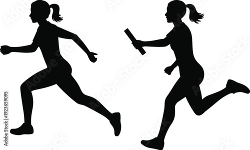 Relay race silhouette vector, teamwork running illustration, athletic baton exchange design, sports competition art, black white dynamic concept