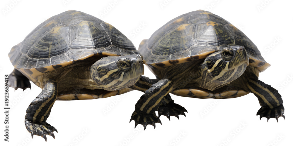 Obraz premium Two Baby Turtles Walking Together Isolated PNG
