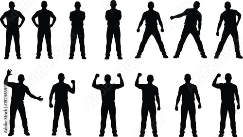 Set of male standing silhouettes showing confident and active body language, men in strong poses and gestures isolated on white background