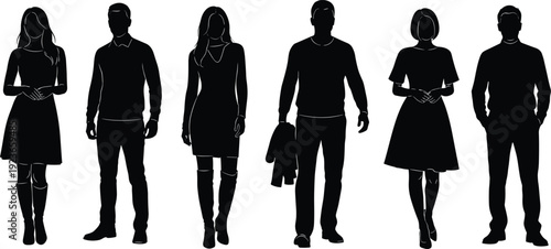 Set of men and women standing silhouettes in casual everyday clothing, modern human figures front view isolated on white background