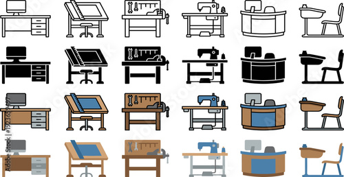 Workstation and Desk Types in a Graphic Collection of Four Style Icons