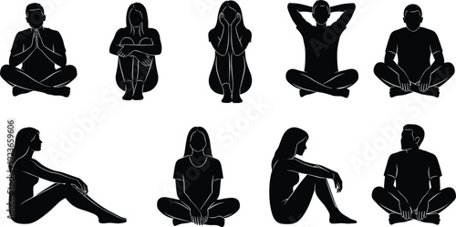 Set of people sitting on floor silhouettes in calm and emotional poses, men and women meditation and stress positions isolated on white background