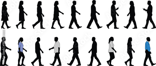 Side view collection of people walking silhouettes in everyday motion, men and women profiles isolated on white background for design use
