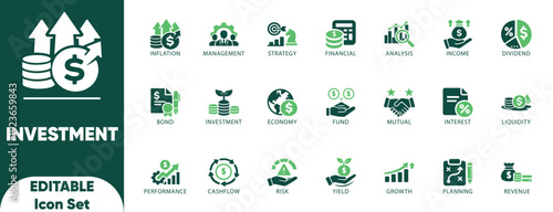 Investment editable Icon Set. asset, bond, gain, investor, management, performance, portfolio, strategy, financial, and solid icons.