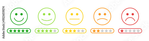 Customer satisfaction rating scale with emoji faces and star review vector illustration isolated on transparent background