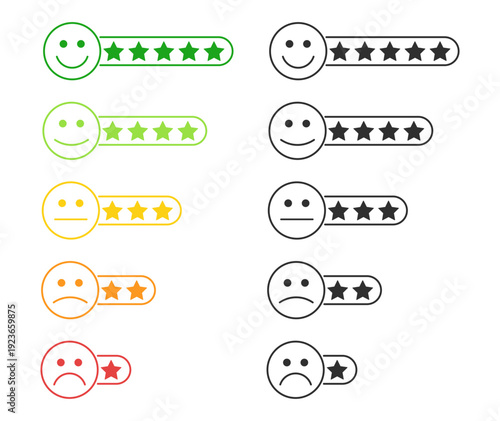 Customer feedback emoji rating scale with stars and facial expressions vector flat icon collection isolated on transparent background