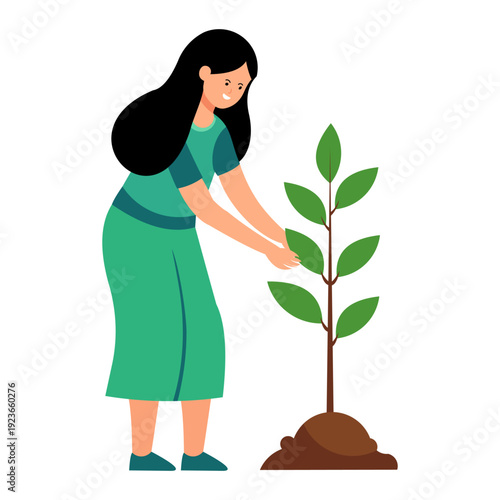 Nurturing Life: A woman gently tends to a young sapling, her care embodying the spirit of growth and environmental stewardship.